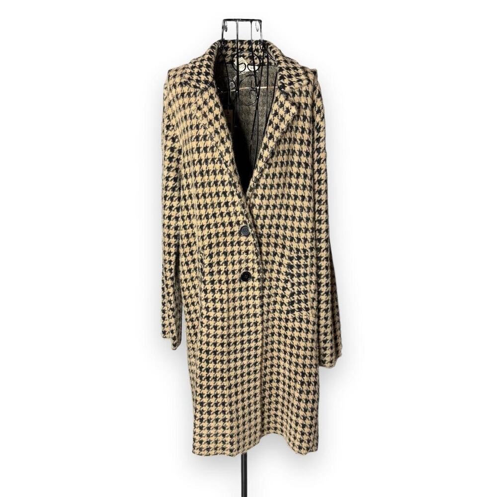NWT Max Studio Houndstooth Coatigan Fuzzy Knit Coat Sweater Jacket Tan Black L